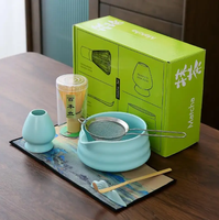 Kit Matcha Personnalisé Fait Main 5 Pièces : Bol en Céramique, Fouet en Bambou, Brosse, Tamis, Support et Cuillère – Ensemble Complet pour Matcha