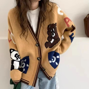 <span class=keywords><strong>Pull</strong></span> tricoté haut femmes à manches longues col en v dessin animé ours en peluche Jacquard <span class=keywords><strong>pull</strong></span> <span class=keywords><strong>veste</strong></span> - Product Image 1
