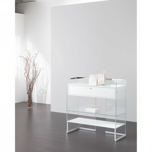 Modern Glass <b>Console</b> <b>Table</b> With Drawer And Shelves 103x40x100 Cm Glossy White Living Room Cabinet - Product Image 3