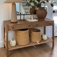 Console en bois massif de style américain, table rectangulaire avec étagère en rotin tressé, meuble de rangement pour salon, décoration de ferme
