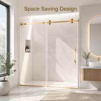 Porte de douche coulissante simple en verre trempé sans cadre, finition or poli, roulettes apparentes carrées, design moderne, pour projets résidentiels de luxe
