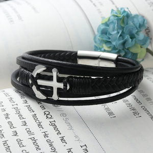 Titanium Steel <b>Leather</b> <b>Bracelet</b> Black Anchor Design Unisex Fashion Cuff Jewelry 1701 - Product Image 4