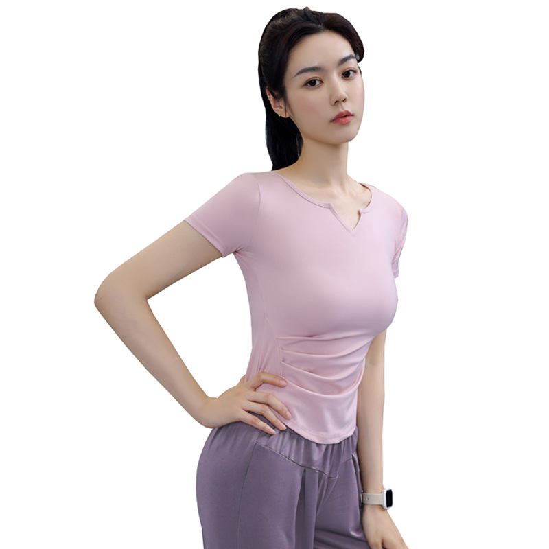Plus Size Yoga T-shirt Small V-neck Short Sleeve Waist Folding Tight Quick Drying Sports T-shirt Running Training Fitness Wear