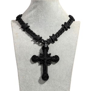 Neuheit: Mattschwarze Jesus-Halskette mit Hip-Hop-Stil, Coole Stachelkette, Unendliche Dornen, Cuban Link, Acryl-Kreuz-Anhänger-Halskette für Herren - Product Image 1