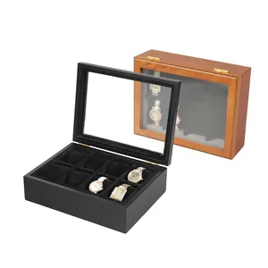 Caja de reloj de madera de gran oferta, almacenamiento de colección de relojes de pulsera con 8 ranuras de lujo con tapas transparentes acrílicas