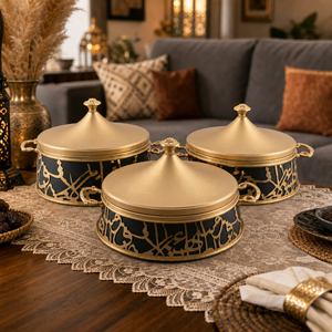 Service de plats isothermes à motif arabe doré, ensemble de 3 pièces, chauffe-plats thermique non électrique pour présentation de buffet d'hôtel de luxe - Product Image 4