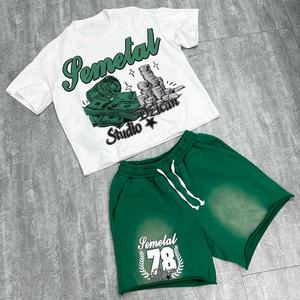 เสื้อยืดคุณภาพสูงทรงดรอปโชลเดอร์และกางเกงขาสั้นลายฟอกสี ชุดเซ็ต 2 ชิ้น เสื้อยืดผู้ชายลายกราฟิกทรงโอเวอร์ไซส์ผ้าฝ้ายสั่งทำพิเศษ - Product Image 3