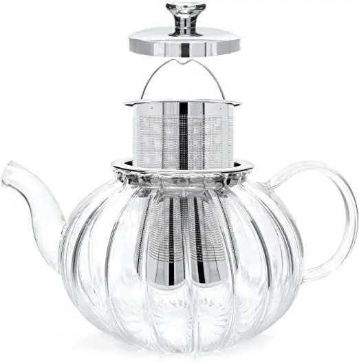 800ml High Borosilicate Glass Stainless Steel 304 Filter Glass Tea Pot Pumpkin Shape Fringe Glass Teapot With Infuser