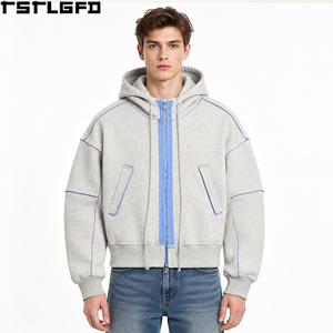 Sudadera con capucha y cremallera para hombre, con ribete en contraste personalizado, gris jaspeado, corte cropped y holgado, ribete azul, estilo streetwear oversize Y2K, casual, venta al por mayor - Product Image 1