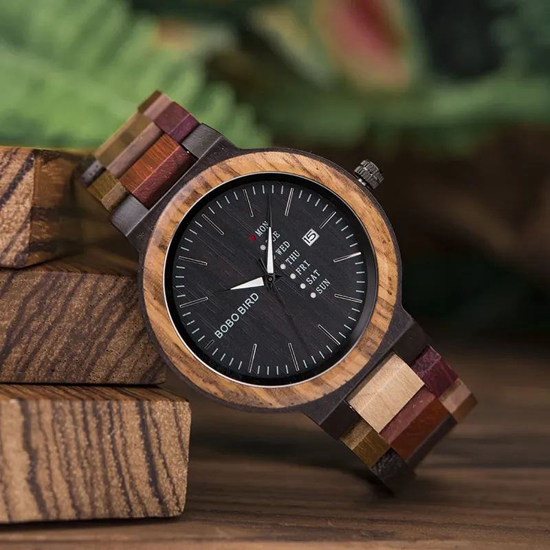 Date Week Display Couple watch Colorful Wood Watch for Men Women Customize Logo in Wooden Gift Box Wood Wrist Watches
