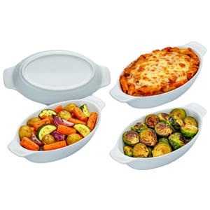 Bandeja para hornear ovalada de cerámica con asas, certificada por la FDA y SGS, blanca, acanalada, apta para horno, sin plomo, de calidad alimentaria. - Product Image 1