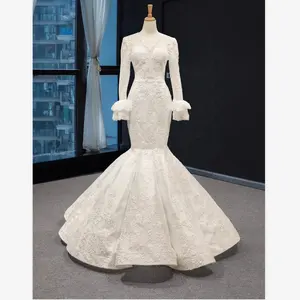 Элегантное кружевное роскошное свадебное платье с юбкой-годе и длинным рукавом
