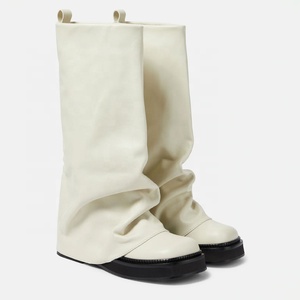 Botas Altas de Mujer con Suela Gruesa, Parte Superior Holgada, Tacón Plano de Cuero, Punta Cuadrada, Estilo Holgado, Ajuste Ancho - Product Image 6