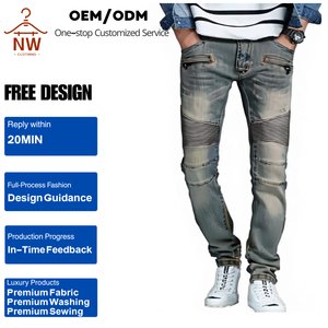 جينز رجالي مخصص بكميات صغيرة، ضيق، بخصر متوسط، مستقيم الساق، بأسلوب الشارع الراقي، تصميم عتيق لراكبي الدراجات النارية - Product Image 1