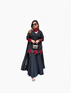 <b>Women</b> Black Silk Salwar Kameez Sharara <b>Suit</b> <b>3</b> <b>Piece</b> Set Long Sleeve V Neck Top Palazzo Pants Red Rose Embroidery Wrinkle Free - Product Image 1