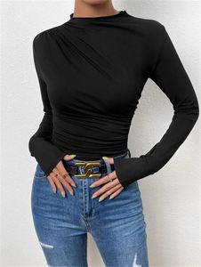 Maxfree – Haut populaire pour femme, coupe ajustée, chemisier plissé à manches longues, t-shirt vintage en tissu tricoté de couleur unie - Product Image 6