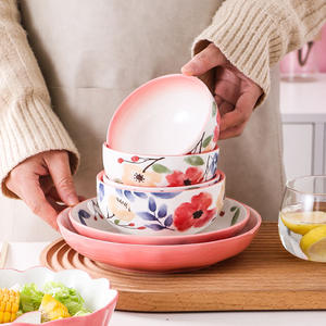 Vintage Floral Salad Bowls Set of 4, <strong>Pink</strong> Porcelain <strong>Ramen</strong> Bowls Plate , Kitchen Serving Bowls Plate, Cereal Bowls for Spring - Product Image 1
