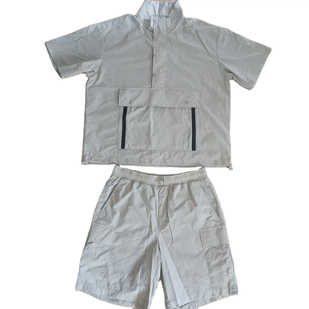 men fashion pullover blank shirt pocket two piece mens summer blank short windbreaker sets shirt and cargo shorts for men