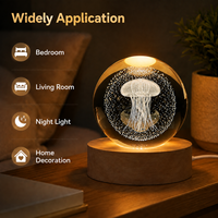 Lampe de table en cristal sculpté avec LED USB, méduse, lune, boule de cristal 3D, veilleuse avec base en bois