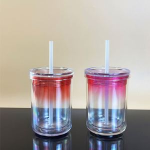 Vaso de acrílico de doble capa transparente multicolor tipo pajita con tapa para tienda de té con leche, diseño sencillo - Product Image 1