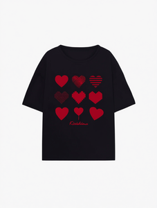 T-shirt da donna Kitishima a maniche corte, vestibilità ampia, con motivo a cuore classico, top casual estivo girocollo in jersey 100% cotone - Product Image 1