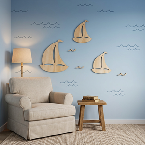 Autocollants muraux en bois pour chambres de bébé avec design ajouré, thème océan, autocollants muraux créatifs en bois représentant un <span class=keywords><strong>bateau</strong></span> à voile - Product Image 6