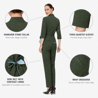 Ensemble tunique et pantalon pour femme, style mandarin, manches 3/4, ceinture à nœud, uniforme de réception d'hôtel