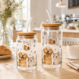 Custom Cute Pet Image Glass Can <b>Cup</b> with Bamboo Lid and Glass Straw Reusable Drinking Tumbler for Coffee Juice - Product Image 1