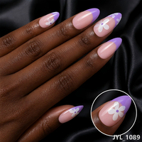 Faux ongles à presser en gros, longs, forme amande, motif fleur de marguerite, pour peaux foncées, avec étiquette privée, couleur lavande, style French Tip
