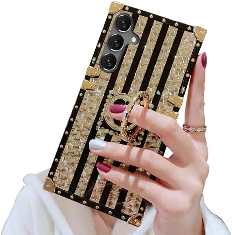 Квадратный металлический угловой чехол для телефона Redmi Note 13 Pro 4G A3 13C 5G блестяще бриллиант симпатичная подножка причудливая задняя крышка с кольцом для пальца