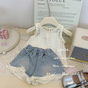 Tongxingyuan Girls Summer Hollow Vest Denim Shorts Set Cotton Two Piece Outfit - Product Image 4