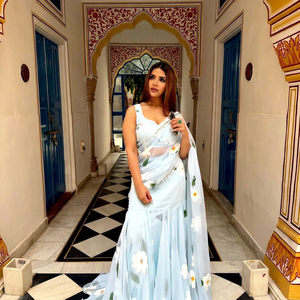 Exclusive ready to wear georgette ruffle lehenga <b>saree</b> digital print <b>stitched</b> blouse lace border dupatta for women - Product Image 1