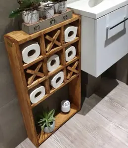 Rustikales hölzernes handgefertigtes Toilettenpapier-Halterständer mit 3 Stück hölzerne X-Rolle Aufbewahrungs-Display-Halter Regal für Badezimmer