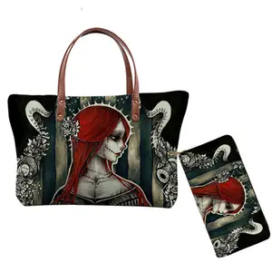 Bolsa feminina estampada de alça superior, bolsa feminina estilo gótico com estampa de caveira de açúcar e alça ombro com desenho