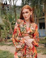 MLY Nouveau Bikini Imprimé Trois Pièces Split Sexy Maillot De Bain Taille Haute Avec Robe De Plage Longue À La Mode