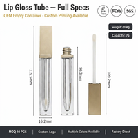 Vente en gros de tubes à gloss carrés vides de 7 ml avec bouchon doré, étiquette privée, logo personnalisé, conteneur en plastique transparent pour rouge à lèvres liquide, 7 g en vrac