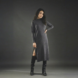 Women's Crew Neck Woolen Casual Maxi Knit <b>Dress</b> Solid Pattern Long Sleeve Winter A-Line Silhouette - Product Image 1