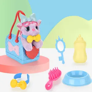 儿童假装玩玩具毛绒猫喂养游戏彩色填充动物塑料手提包