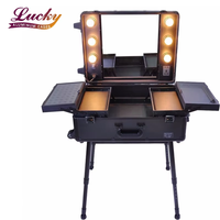Étui de maquillage roulant en aluminium portable avec 6 ampoules étui cosmétique verrouillable pour chariot d'artiste avec table et jambe réglable