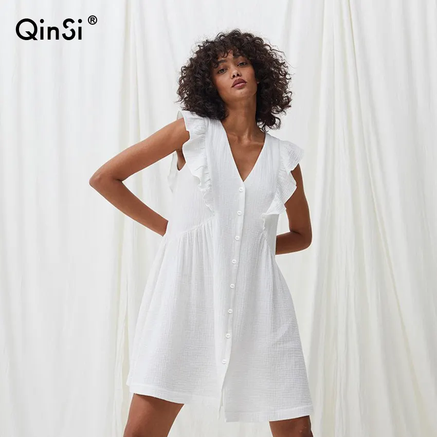 QINSI Elegant Solid Casual Mini Dress 2023 New V Neck Sleeveless Button Up Loose Waist Dresses Ruffles Summer Dress