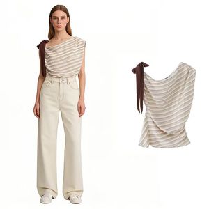 Top y Camisa sin Mangas con Cuello Asimétrico a Rayas y Volantes para Mujer, Verano - Product Image 1