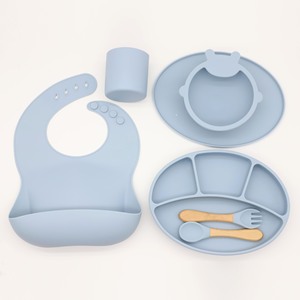 Minimalist Manual Suction Silicone Baby Weaning Tableware Set with Divided Plate Bib Spoon Fork Cup Lid <b>for</b> 6 Months - Product Image 1