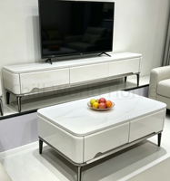 Ensemble Meuble TV Minimaliste et Table Basse en Bois Massif avec Plateau en Pierre Technologique et Tiroirs pour Salon