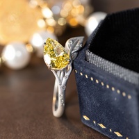 Bague de fiançailles en diamant certifié IGI, diamant fantaisie jaune taille poire cultivé en laboratoire, bande en argent S925 motif feuille, cadeau d'anniversaire pour elle