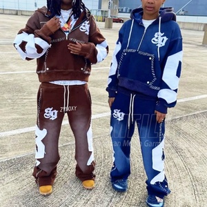 Reverse Embroidery logo Custom Tracksuit Streetwear Vintage Half Zipper Acid Wash <b>Distressed</b> Flared Sweatpants and Hoodie Set - Product Image 2