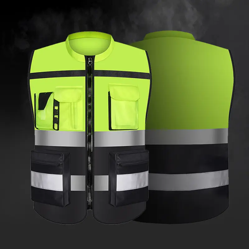 ロゴ安全ジャケットブラックボトム反射可能なベスト作業服エンジニアジッパーマルチポケット建設Hi Vis Workwear USA