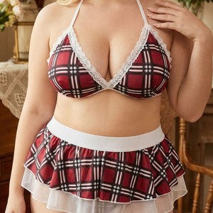 Ensemble de lingerie <span class=keywords><strong>grande</strong></span> <span class=keywords><strong>taille</strong></span> pour femmes, costume sexy d'écolière, tenue en dentelle pour jeu de rôle étudiant avec haut, culotte et mini-jupe, 3 pièces - Product Image 2