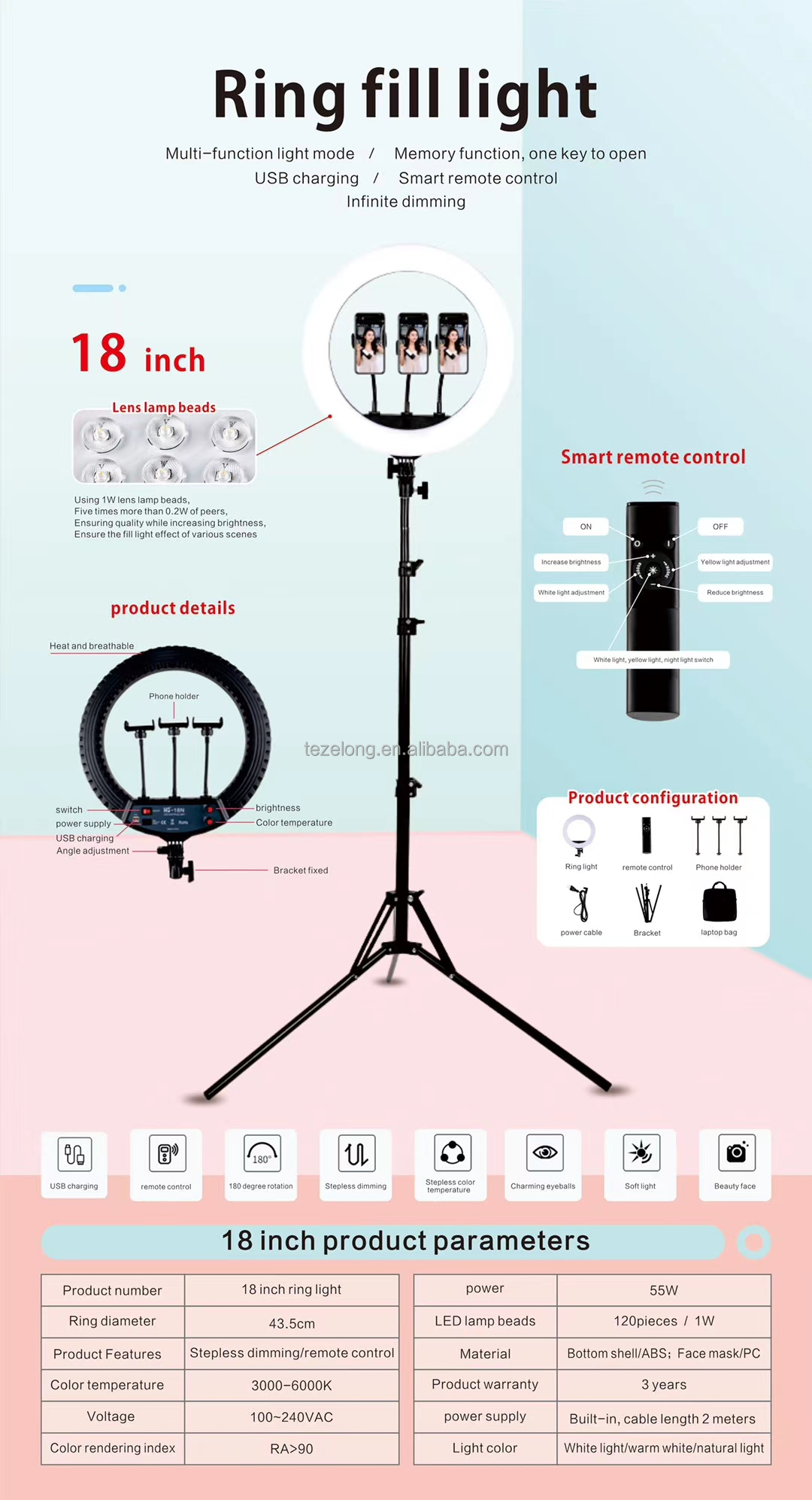 HQ 18N 18 Inch LED Ring Light with Tripod - Portable Selfie Light