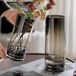 Jarrón de cristal gris recto Florero hidropónico de mesa minimalista moderno - Product Image 4