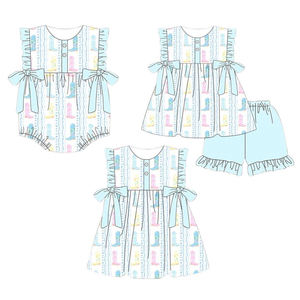 Conjuntos de pantalones cortos casuales con estampado de botas vaqueras para niñas, vestido pelele burbuja para bebé, conjuntos a juego para hermanas, venta al por mayor, de lana peinada transpirable - Product Image 1